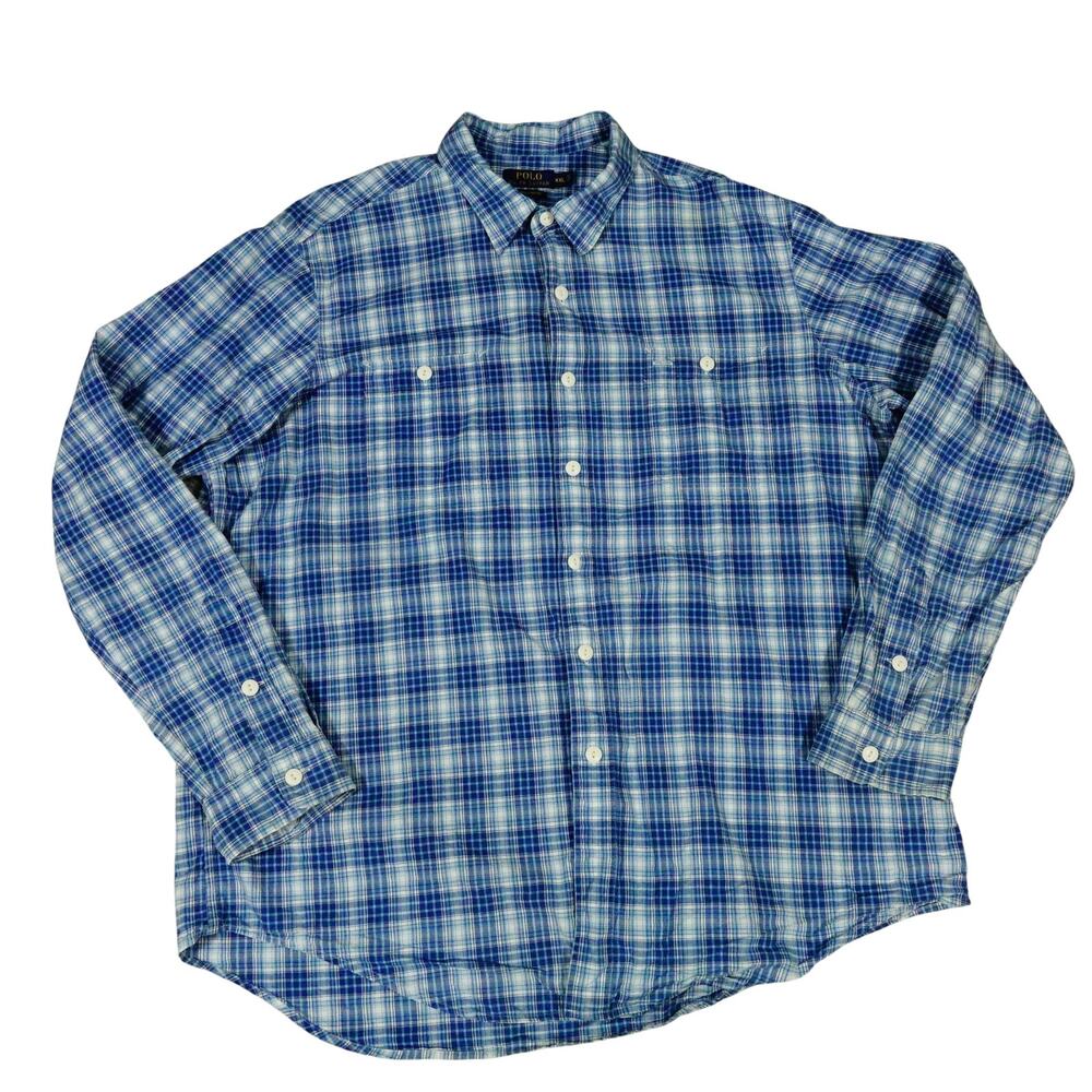 Ralph Lauren Indigo Oxford Shirt Blue Plaid Long Sleeve Casual Button Up XXL